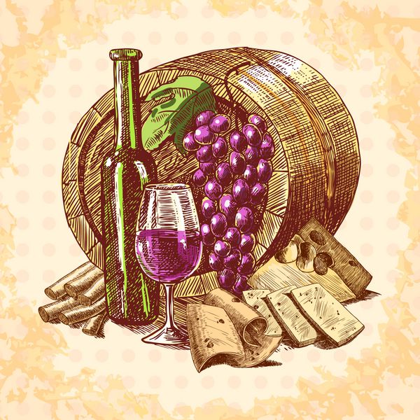 پس‌زمینه تزئینی طرح‌های قدیمی شراب با بطری بشکه‌ای و وکتور شیشه‌ای