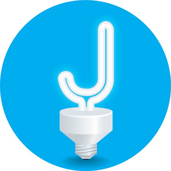 وکتور ایده صرفه جویی در انرژی ایزوله حرف J لامپ را روی پس زمینه آبی ایجاد کنید
