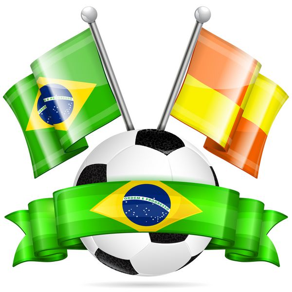 پوستر فوتبال با توپ فوتبال پرچم و روبان در رنگ پرچم برزیل وکتور جدا شده در پس زمینه سفید