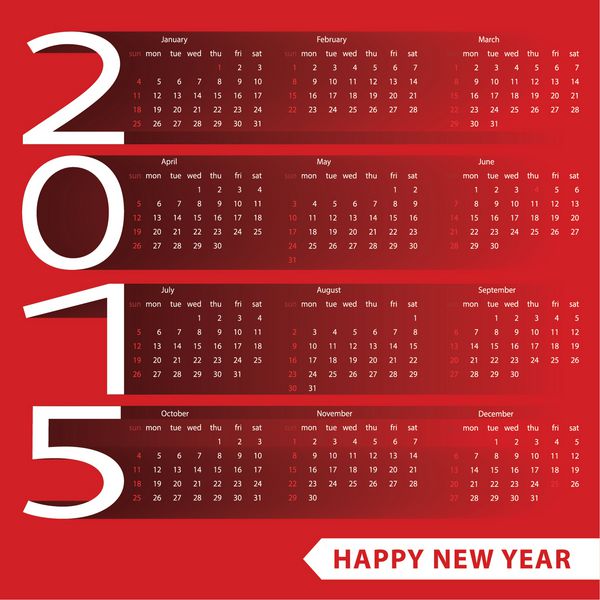 جشن سال نو 2015 تقویم اروپایی حروف صاف سفید با سایه در پس زمینه قرمز روبان با ضرب المثل سال نو مبارک وکتور