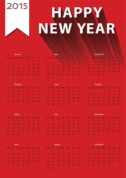 تقویم اروپایی جشن سال نو 2015 مبارک حروف مسطح سفید با سایه و روبان سفید در پس زمینه قرمز وکتور