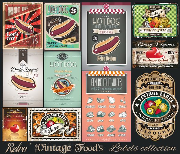 مجموعه برچسب‌های غذاهای قدیمی پوسترهای کوچک برچسب ها و گرافیک منوی رستوران برای پروژه های شما