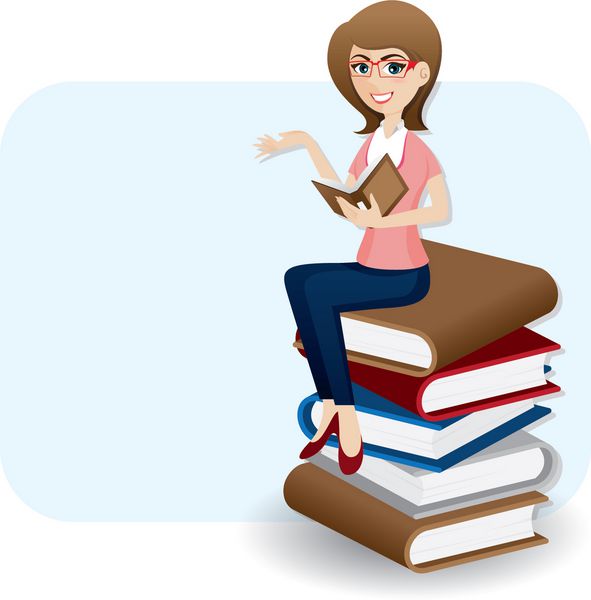 تصویر زن کارتونی در حال خواندن کتاب روی پشته کتاب