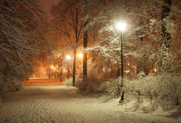 کوچه زمستانی در پارک و فانوس های درخشان شلیک شب