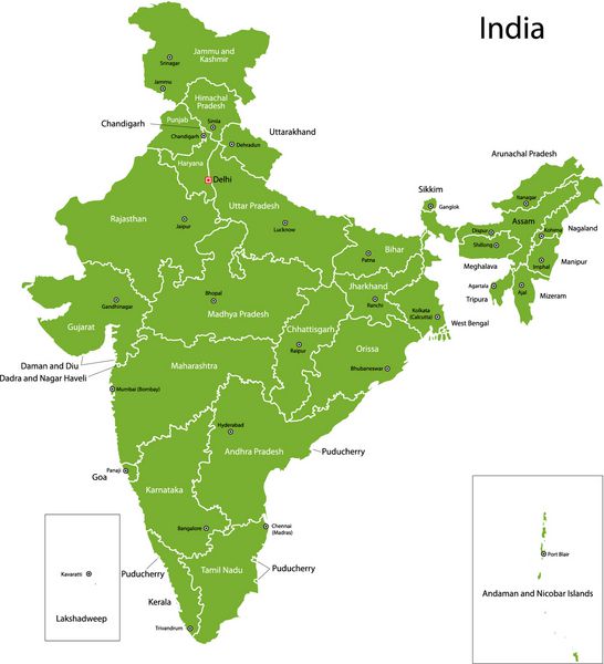 نقشه هند با ایالت ها و شهرهای پایتخت