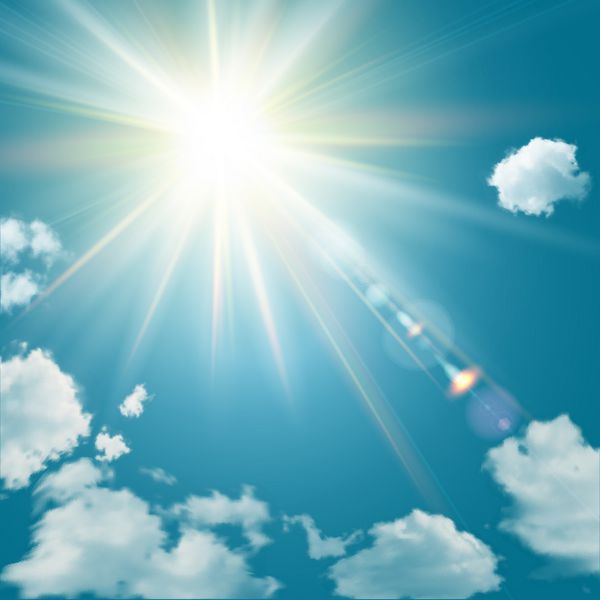 خورشید درخشان واقعی با شعله ور شدن لنز آسمان آبی با پس زمینه ابر وکتور