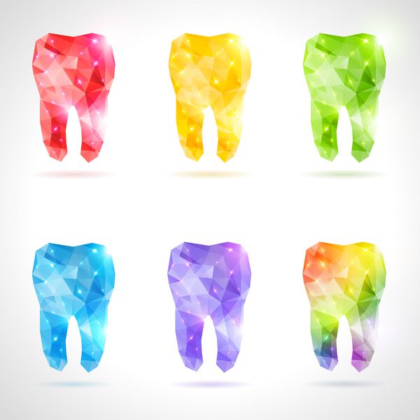 مجموعه وکتور چند ضلعی از دندان ها دندان رنگین کمان وکتور انتزاعی پس زمینه دندان به سبک اوریگامی پس زمینه وکتور سبک رنگارنگ کم پلی اشیاء دندانی