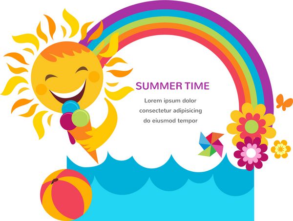 کارت تابستانی با خورشید شاد رنگین کمان رنگارنگ و گل