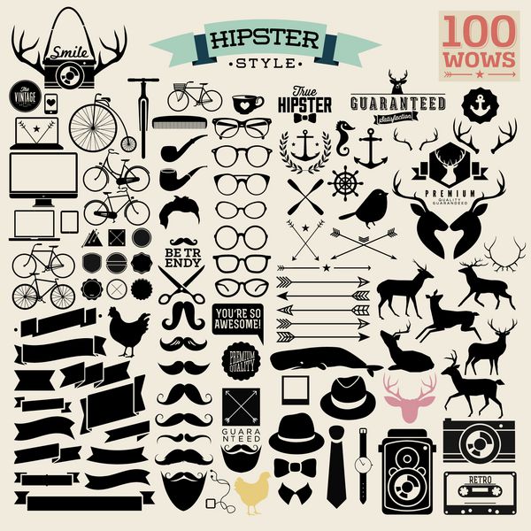 100 نماد هیپستر وای تمام آنچه شما نیاز دارید - مجموعه عظیمی از برچسب های هیپستر قدیمی با قلب فلش دوچرخه تلفن عینک آفتابی سبیل کمان لنگر سیب و دوربین وکتور