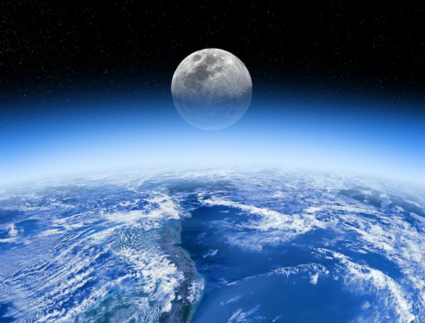 طلوع ماه از پشت جو زمین ستاره های کوچک در پس زمینه هستند عناصر این تصویر توسط ناسا ارائه شده است