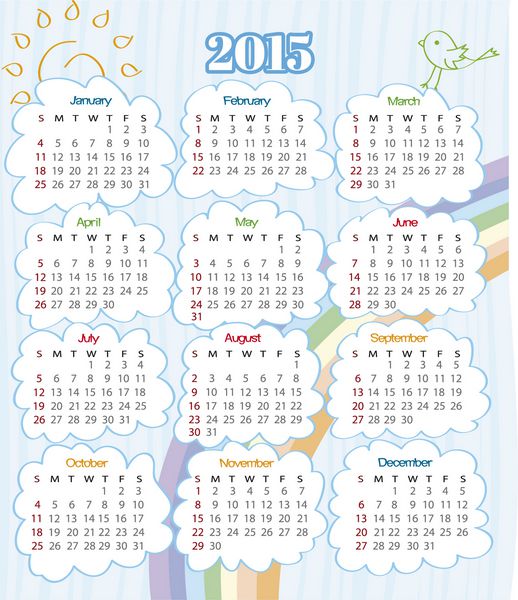 تقویم سال 2015 با رنگین کمان هفته از یکشنبه شروع می شود