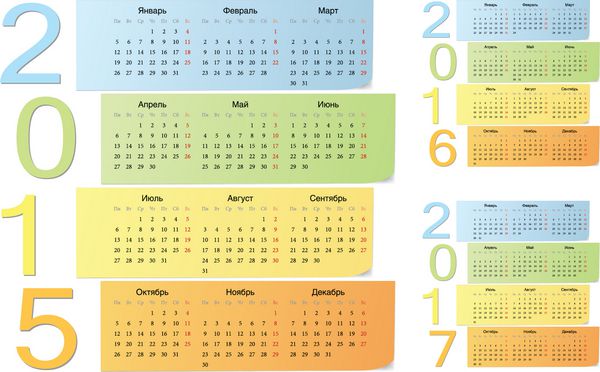 تقویم های وکتور رنگی روسی 2015 2016 2017 با اعداد عمودی هفته از یکشنبه شروع می شود