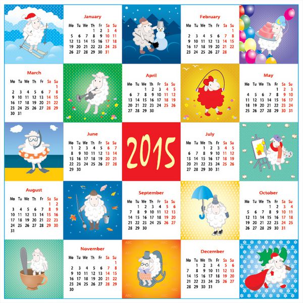 تقویم 2015 با ست بره در ماه های مختلف