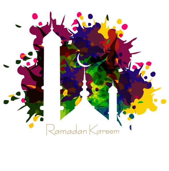 کارت رمضان کریم با وکتور بک گراند مسجد رنگارنگ زیبا و پس زمینه سفید