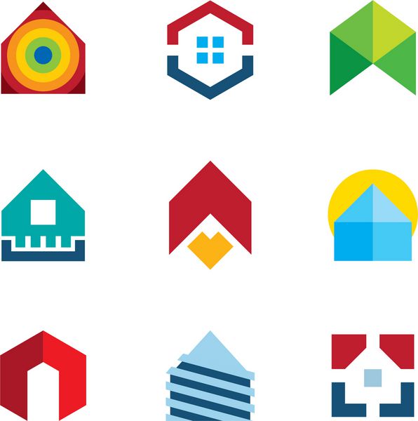 مجموعه آیکون های رنگارنگ لوگوی املاک و مستغلات ساخت و ساز خانه مسکونی