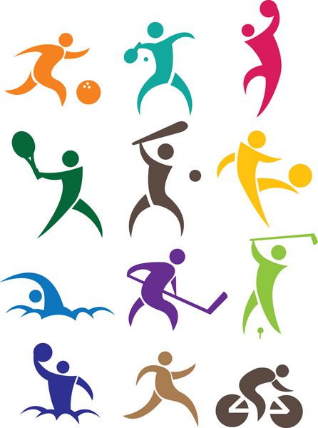 نماد ورزشی با افراد در رنگ های مختلف وکتور