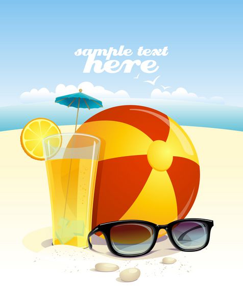 پس زمینه ساحل با عینک آفتابی توپ ساحلی و کوکتل میوه با جای متن
