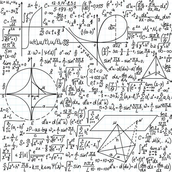 وکتور الگوی بدون درز با فرمول‌های ریاضی معادلات و ارقام دست‌نویس بر روی کاغذ کپی