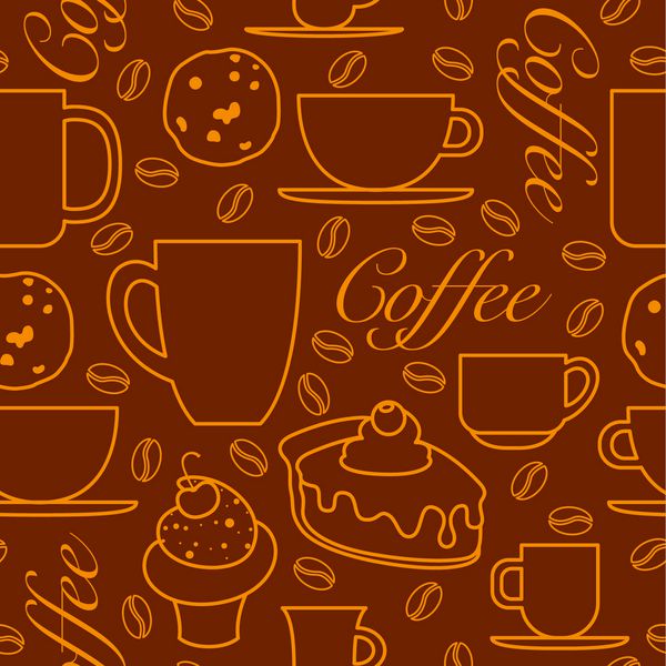 الگوی بدون درز زمان قهوه با فنجان لیوان کیک کوکی ها و دانه های قهوه