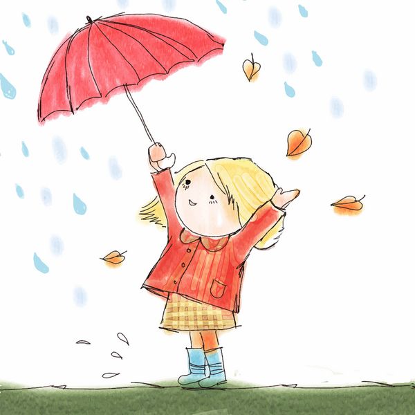 وکتور دختری با چتر در باران شادی می کند