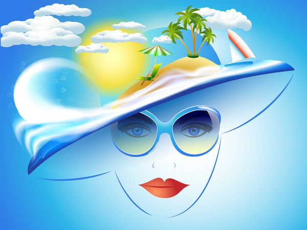 دختری انتزاعی با عینک آفتابی و کلاه با منظره دریا و پس‌زمینه آبی تابستانی