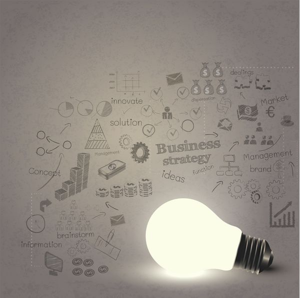 لامپ و استراتژی کسب و کار در پس زمینه رنگ قدیمی وکتور