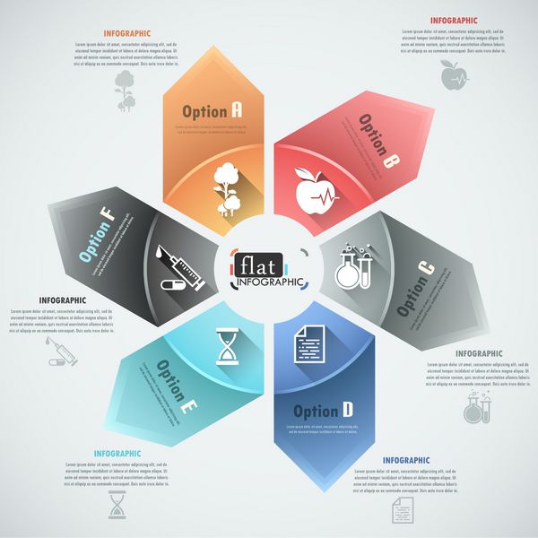 بنر گزینه های اینفوگرافیک تخت با روبان شش قسمتی گرد فلش ها و نمادها بردار می تواند برای طراحی وب و طرح گردش کار استفاده شود