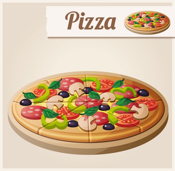 پیتزا نماد وکتور دقیق یک سری غذا و نوشیدنی و مواد لازم برای آشپزی
