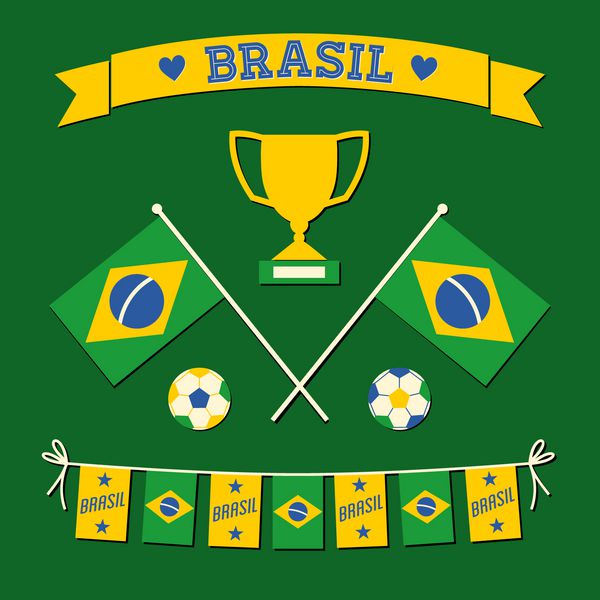 مجموعه ای از نمادها و نمادهای فوتبال برزیل با طرح تخت به رنگ سبز سفید و زرد