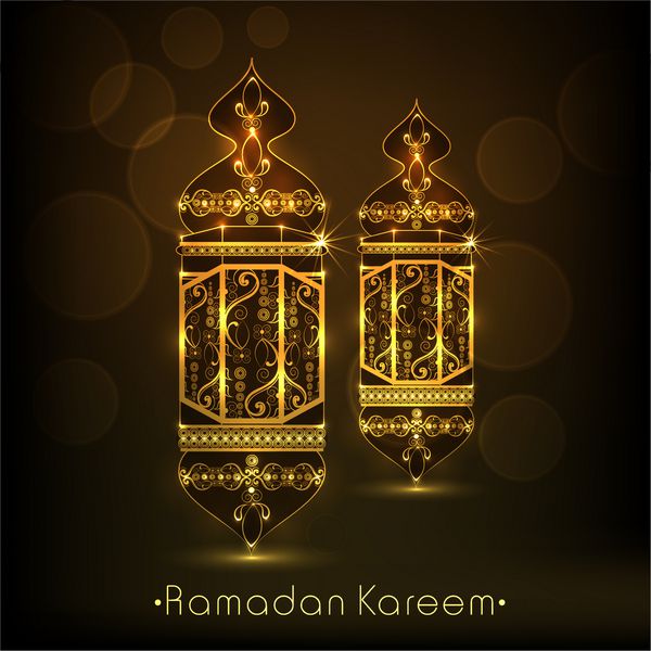 فانوس های عربی پیچیده طلایی در زمینه قهوه ای براق برای ماه مبارک جامعه مسلمانان رمضان کریم