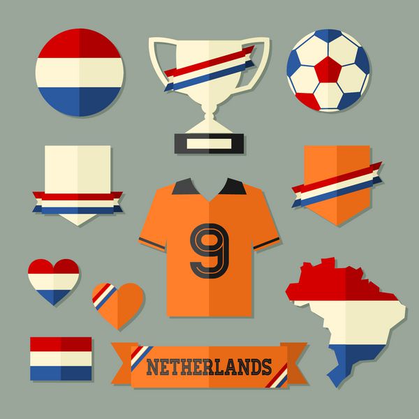 مجموعه ای از نمادها و نمادهای فوتبال هلند با طراحی مسطح در رنگ های قرمز سفید آبی و نارنجی