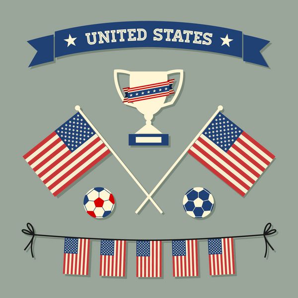 مجموعه ای از نمادها و نمادهای فوتبال ایالات متحده با طراحی مسطح به رنگ آبی سفید و قرمز