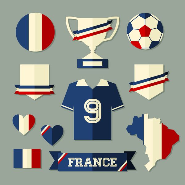 مجموعه ای از نمادها و نمادهای فوتبال فرانسه با طرح تخت در رنگ های آبی سفید و قرمز