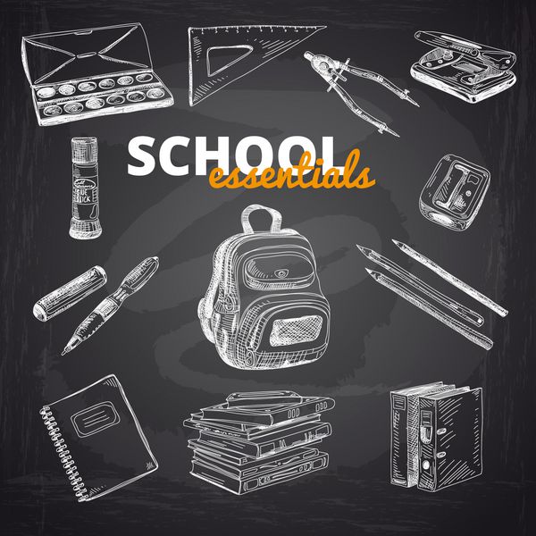 مجموعه وکتور اقلام مدرسه روی تخته سیاه تصویر کشیده شده با دست بازگشت به مدرسه تصویر ضروری مدرسه