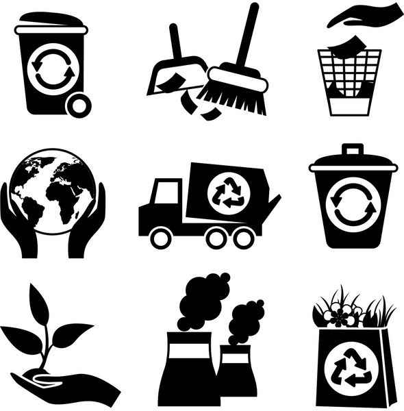 مجموعه آیکون‌های اکولوژی و زباله‌های سیاه و سفید از وکتور جدا شده از گیاه کیسه کاغذی کامیون