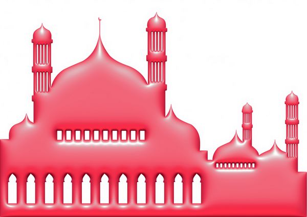 مسجد صورتی مایل به قرمز سه بعدی برای جشن مسلمانان در پس زمینه سفید جدا شده