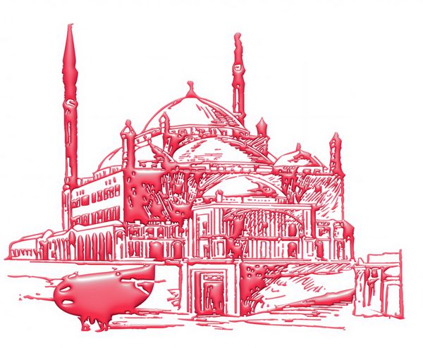 مسجد صورتی مایل به قرمز سه بعدی برای جشن مسلمانان در پس زمینه سفید جدا شده