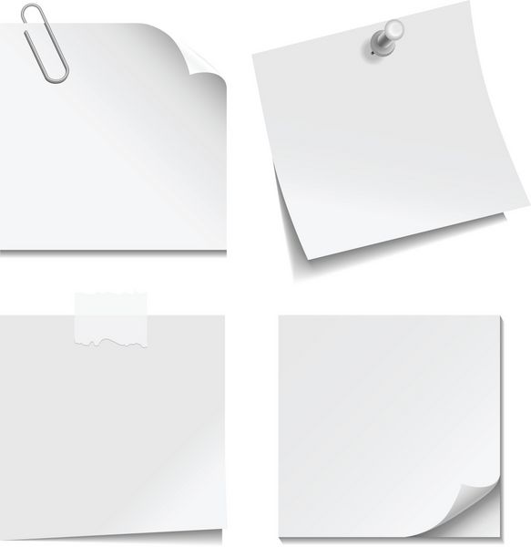 یادداشت های کاغذی سفید - مجموعه ای از یادداشت های کاغذ سفید با گیره کاغذ نوار شفاف و چسب جدا شده در پس زمینه سفید وکتور 
