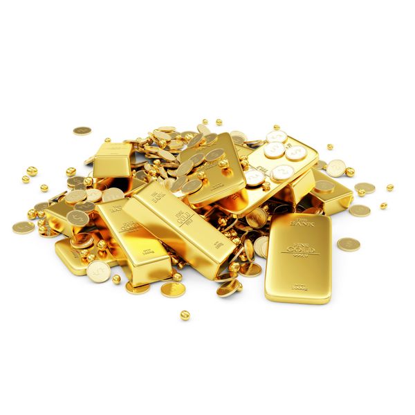 انبوه گنج میله های طلایی سکه ها و قطعات طلایی جدا شده در پس زمینه سفید مفهوم مالی کسب و کار