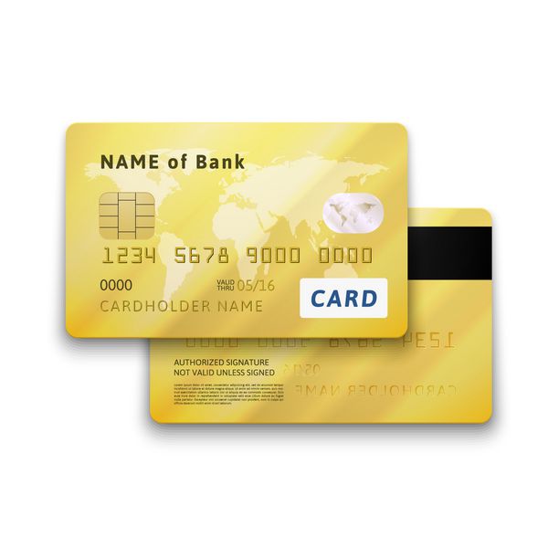 مجموعه ای از کارت اعتباری طلایی براق دقیق با دو طرف نمادهای واقعی وکتور جدا شده در پس زمینه سفید