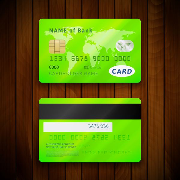 کارت‌های اعتباری سبز براق با دو طرف نمادهای واقعی وکتور جدا شده روی بافت چوب