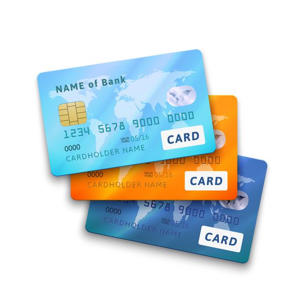 مجموعه ای از کارت های اعتباری براق دقیق رنگ آبی فیروزه ای نارنجی نمادهای واقع گرایانه وکتور جدا شده در پس زمینه سفید