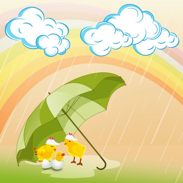 طراحی پوستر بنر یا بروشور شیک برای فصل باران های موسمی با مرغ کوچک زیبا زیر چتر در پس زمینه رنگین کمان