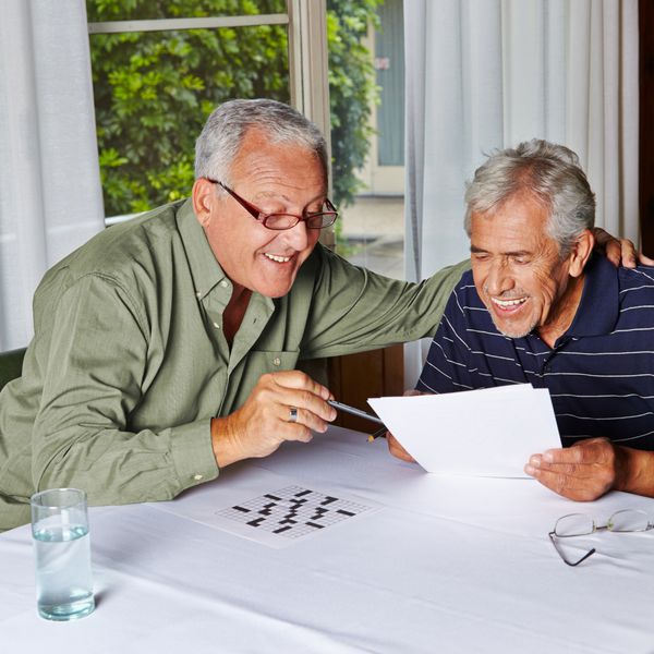 دو شهروند مسن خوشحال در حال حل معماها در خانه استراحت
