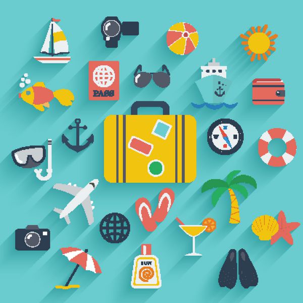 مجموعه نمادهای تخت با اثر سایه طولانی سفر در هواپیما برنامه ریزی برای تعطیلات تابستانی اشیاء گردشگری و سفر و چمدان مسافر