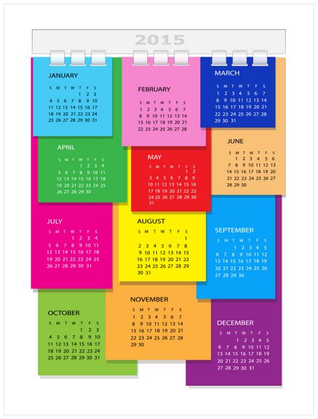 تقویم رنگارنگ برای سال 2015 وکتور پس زمینه سفید عمودی
