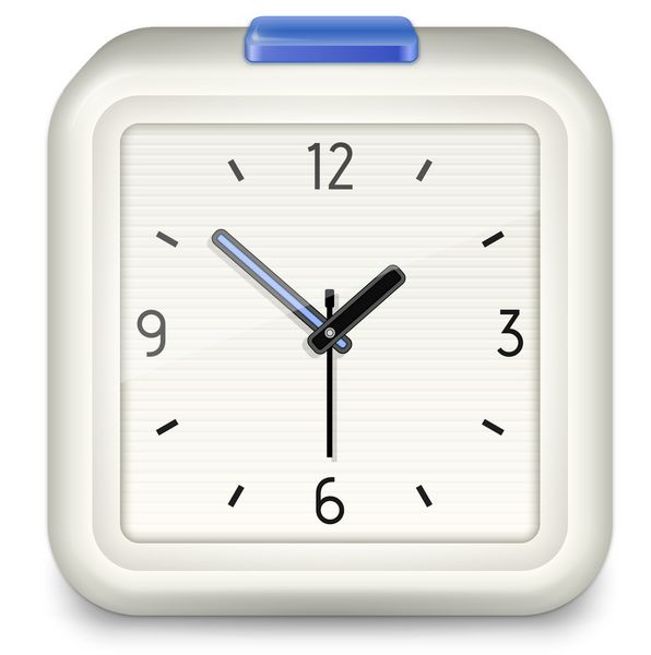 ساعت زنگ دار مربعی با دکمه آبی در پس زمینه سفید وکتور