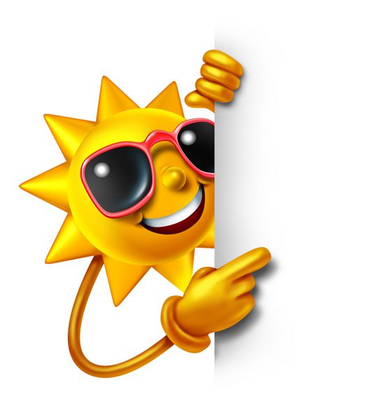 سرگرمی تابستانی خورشید به عنوان یک شخصیت کارتونی سه بعدی که یک علامت سفید خالی را به عنوان نمادی از اوقات فراغت تعطیلات آفتابی و تبلیغ یا ارتباط آرامش تعطیلات در دست دارد