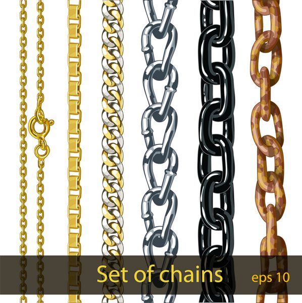 مجموعه ای از زنجیرهای ساخته شده از فلزات مختلف جدا شده بر روی سفید زنجیر نازک طلایی با بند زنجیر ضخیم از طلا و نقره زنجیر استیل با حلقه های مثلثی زنجیر ضخیم مشکی رنگ شده زنجیر آهنی زنگ زده