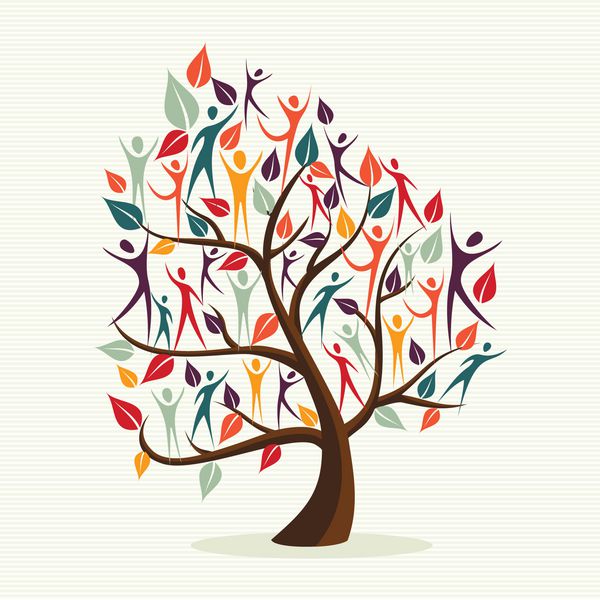 خانواده جهانی انسان به شکل درخت مفهومی برگ رنگارنگ فایل لایه لایه برای دستکاری آسان و رنگ آمیزی سفارشی